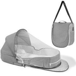 Dr. Pure Portable Baby Bassinet for Travel: Lightweight Foldable Infants Bed Crib for 0-12 Months Newborn with 2-1 Mosquito Netting and Blackout Curta
