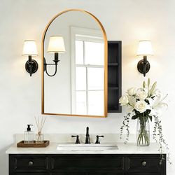 20”x30”Wall Mounted Arched Medicine Cabinet with Mirror, Recessed or Surface Mount Bathroom Storage Cabinet, Modern Elegant Vanity Organizer with Remo