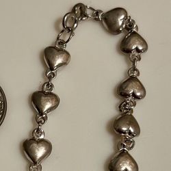 Vintage Sterling Silver Puffy Heart Link Bracelet, Fits Up To Size 7 inch Wrist
