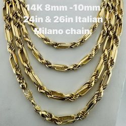 14K Italian milano chain. 8mm-10mm 24in &26in brand new in stock.