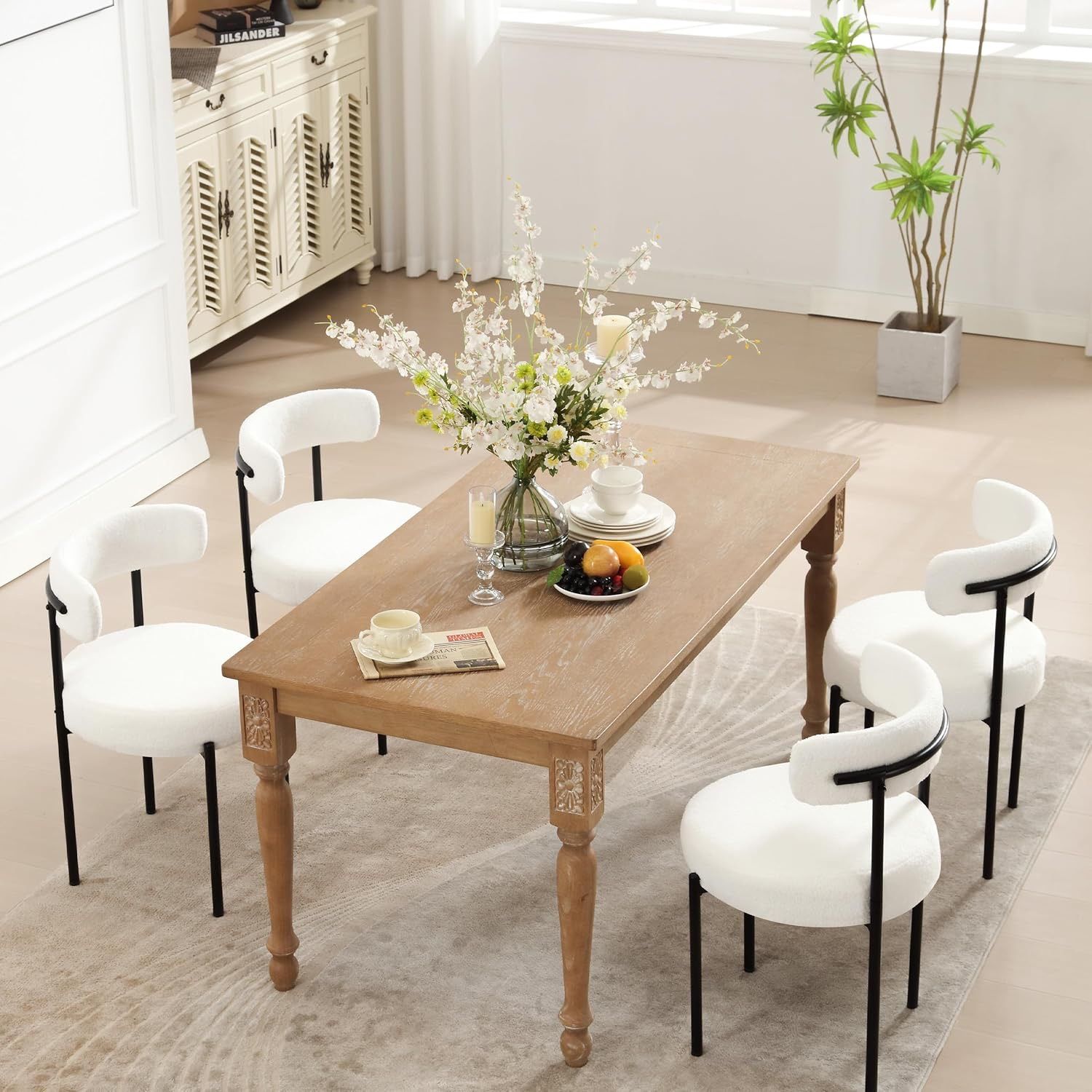 316  Dining Chairs Set of 4, White Boucle Dining Chair with Curved Backrest, Round Thicken Upholstered Dining Chairs for Kitchen & Dining Room, Mid Ce