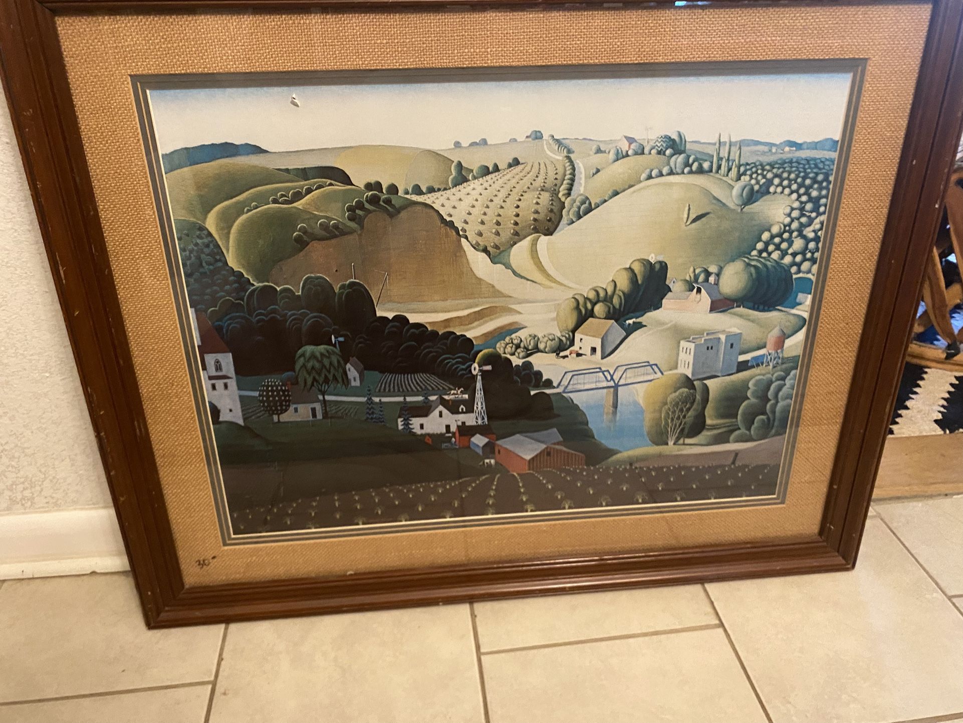 GRANT WOOD PRINT, w/ BURLAP MAT, W/ WOOD FRAME