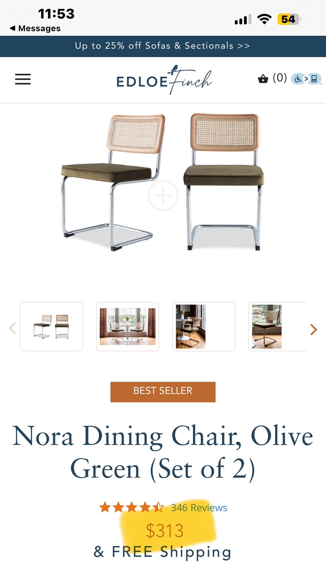 Edloe Finch Nora Dining Chair, Olive Green (Set of 2)