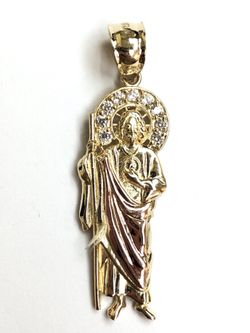 Cubic zirconia saint Judas religious pendant 14K REAL YELLOW AND ROSE GOLD.