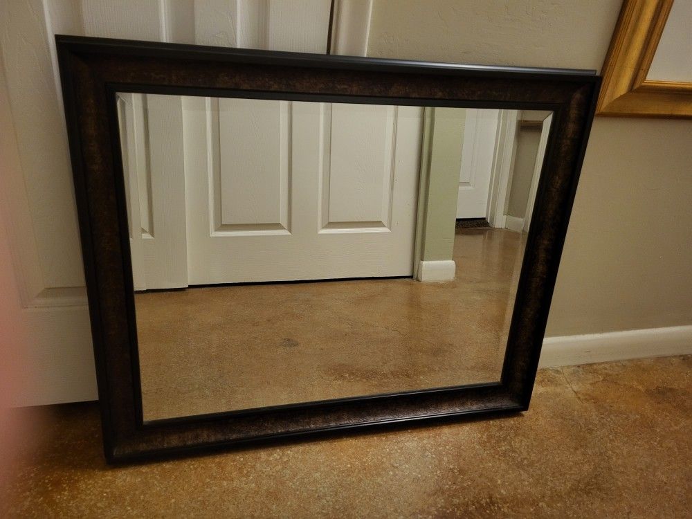 Decorative Mirror W/approx 3/4" Bevel. Frame Is Bronze Textured Design, With Blk Border. 33"w X 27"ht.