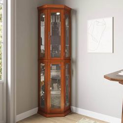 Assembled New Lighted 3-Side Glass Display Curio Corner Cabinet w/Tempered Glass Doors and Shelves
