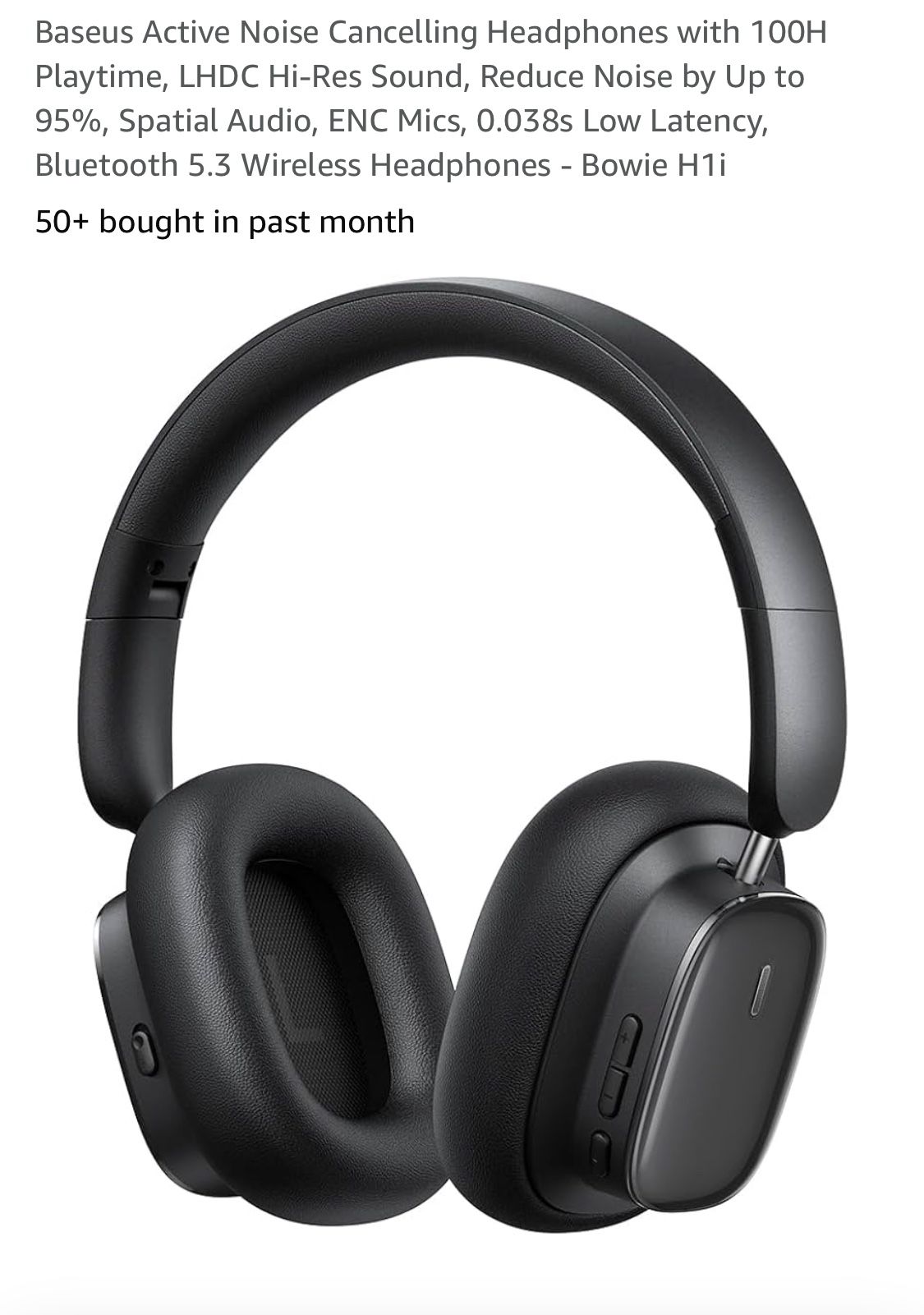 Baseus Active Noise Cancelling Headphones with 100H Playtime, LHDC Hi-Res Sound, Reduce Noise by Up to 95%, Spatial Audio, ENC Mics, 0.038s Low Latenc