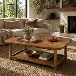 47 in. Brown Rectangle Solid Wood Coffee Table Low Cocktail Tea Desk Modern Industrial Living Room 2-Tier Storage