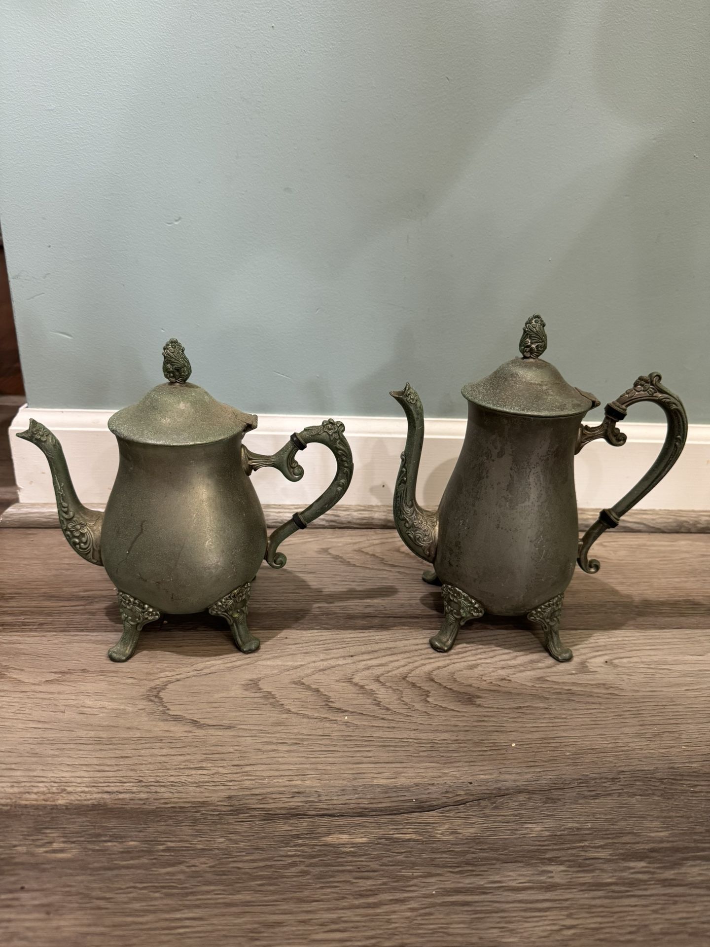 Vintage pair of Silver Plated Teapots with Hinged Lid and Floral Engraving