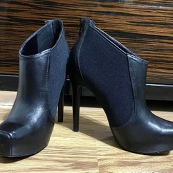 JESSICA SIMPSON LIVIA BLACK LEATHER ELASTIC PANEL ANKLE PLATFORM BOOTS size 8.5