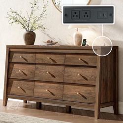 9 Drawers Dresser, 59" Wide Wood Chest of Drawers with Charging Station Walnut