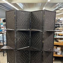 4 Panels Brown Room Divider Wall with Removable Storage Shelves ( 18"L x 1"W x 71"H each panel )