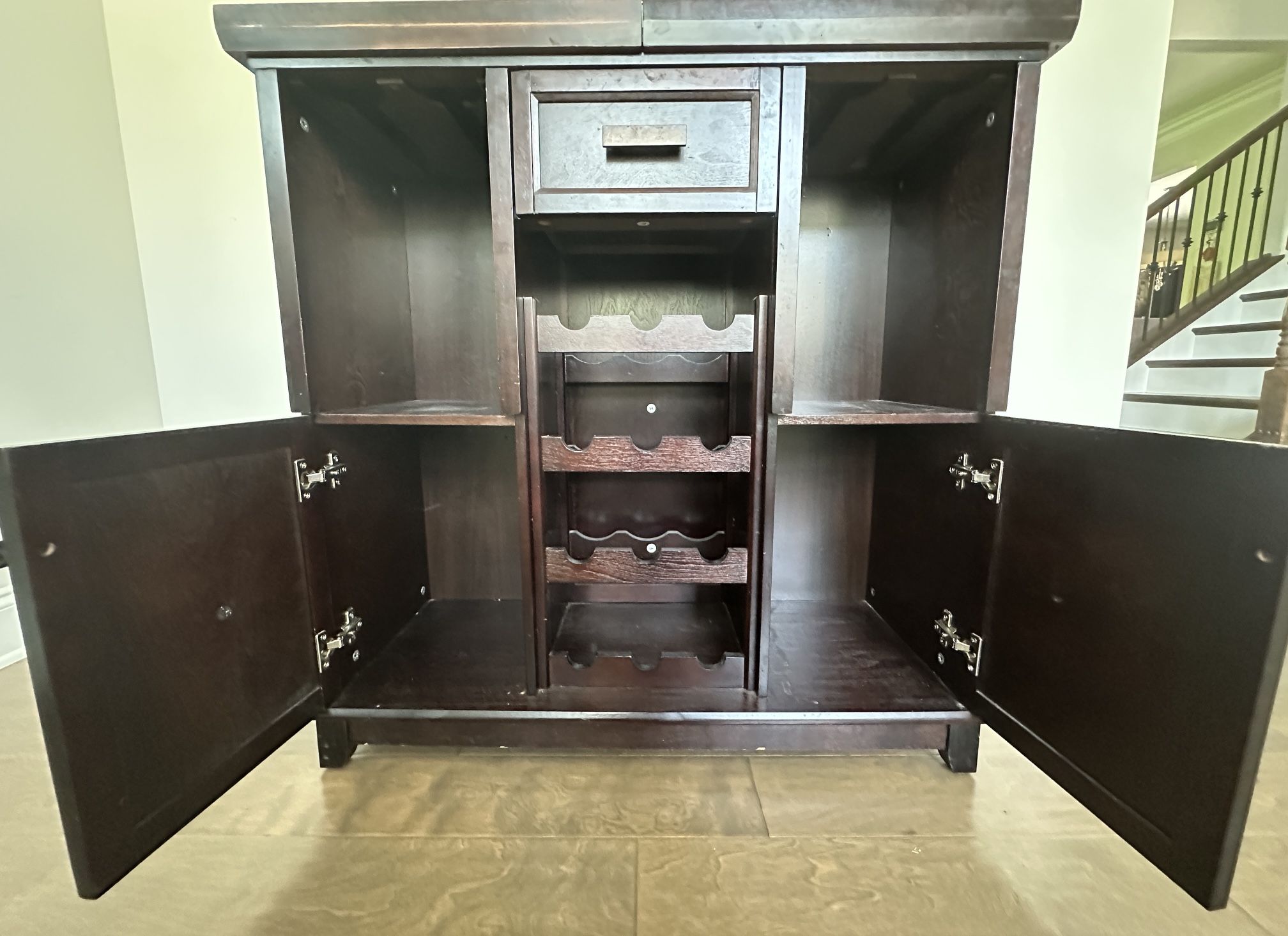 MOVE OUT SALE - Stylish Dark Wood Wine & Bar Cabinet – Holds 12 Bottles + Ample Storage!