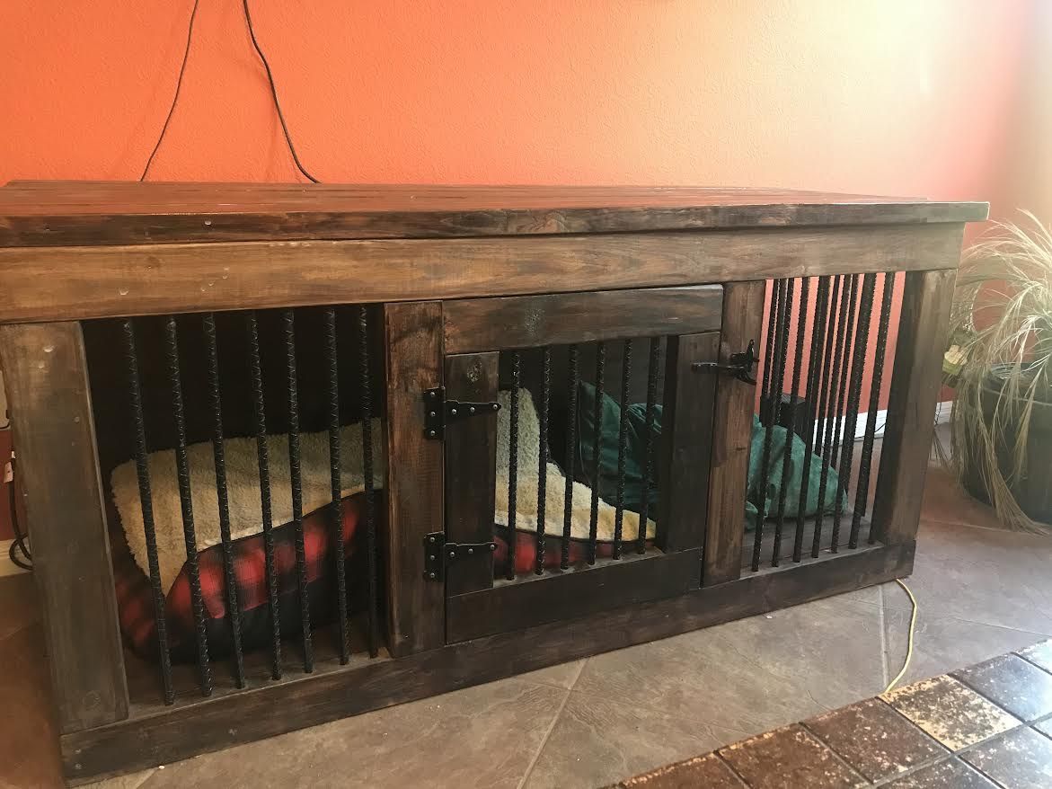 Handcrafted Wood Dog Kennel Rustic Living Room Console XL Dual Crate