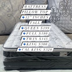 ✨Mattress Pillow Top All Sizes ✨ ☑️ 12” inches tall 🟦All sizes 🛏💤 🟠Queen sizes $199 🟡Full sizes $180 🟢Twin sizes $145 🔵Cal king $330 🟣E. King 