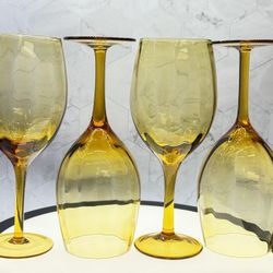 Set of (4) Gorgeous Vintage Amber Mid Century Modern Empoli Optic Panel Glass Goblets, Made in Italy. 1960s-70s. Style Art Glass  Optic Paneled Glassw
