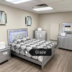 Lilian Silver Led Panel Bedroom Set 5 Piece QUEEN king Bed Frame, Dresser, Mirror, Nightstand, Chest $2149