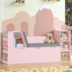 61.5" Kids Reading Nook with 3-Layer Bookshelf, Reading Nook for Kids with Double Bench and Rolling Drawers, Bookshelf and Toy Storage for Nursery, Pl