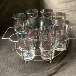 Vintage MCM Barware Lusterware Kimiko Guardian Highball Silver Crest Ice Bucket Set