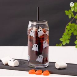 2 HALLOWEEN Glass Tumbler Sipper with Lid and Straw - Cute Ghost - Set of 2 New in Box