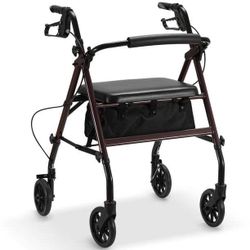 Rollator Walker with Seat, Foldable Rolling Medical Walker with 6" Wheels, Aluminum Frame Supports Up to 300 lbs, Burgundy