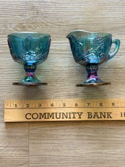 Indiana Glass Harvest Grape Blue Carnival Glass Creamer & Sugar Bowl Set