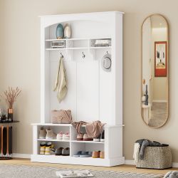 ON-TREND 47.2'' Wide Hall Tree with Bench and Shoe Storage, Multi-functional Storage Bench with 3 Hanging Hooks & Open Storage Space, Rectangle Storag