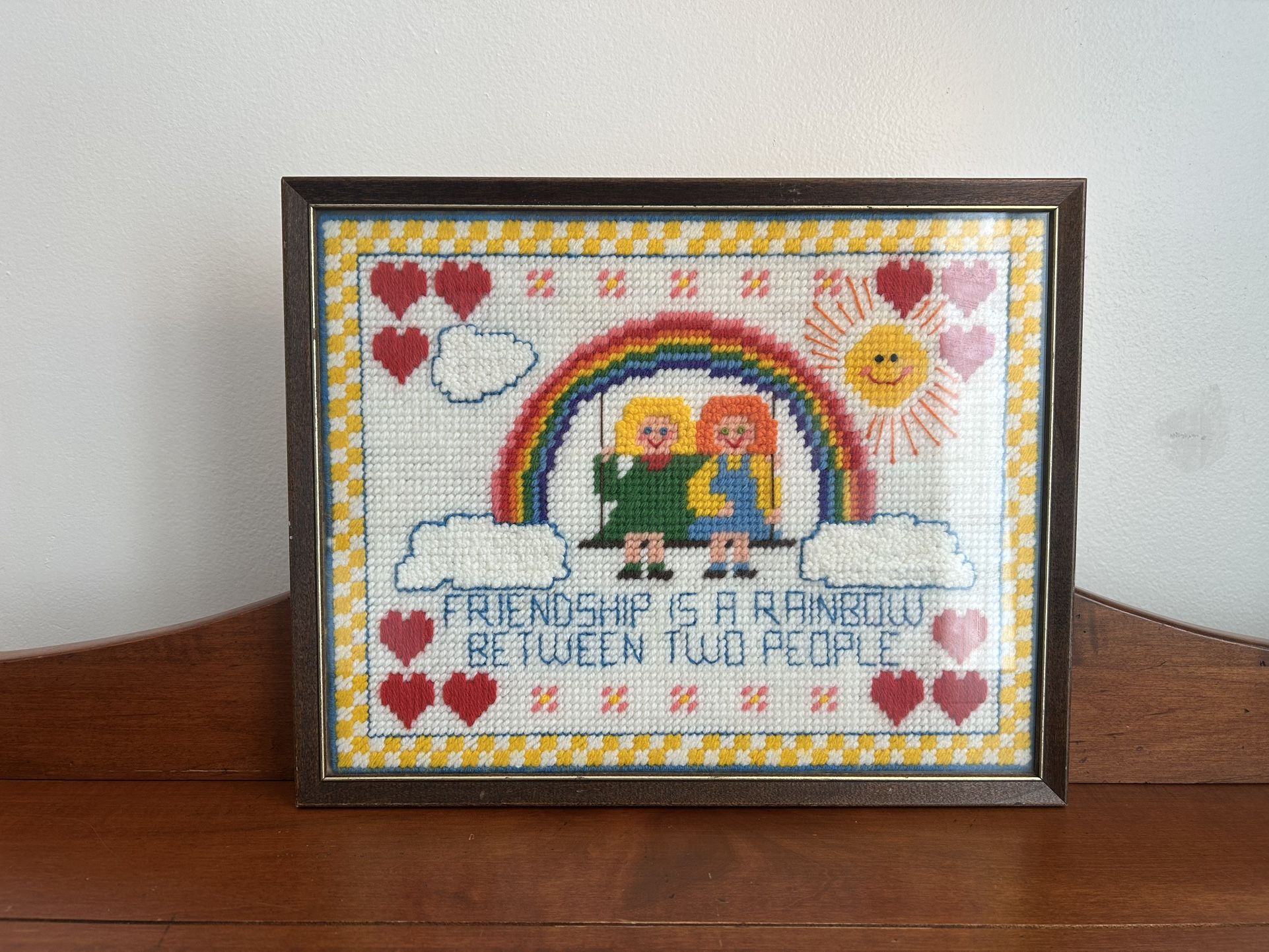 Vintage Needlepoint Framed Friendship Decoration just under 15” x 12”