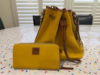 Dooney & Bourke Mustard Yellow Pebble Grain Leather Bucket Bag & Large Zip Around Wallet Set