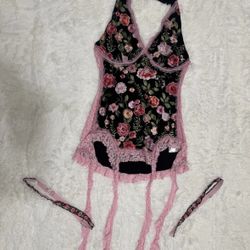 New 1x black pink embroirderd floral dress boho festival rave flower lace short