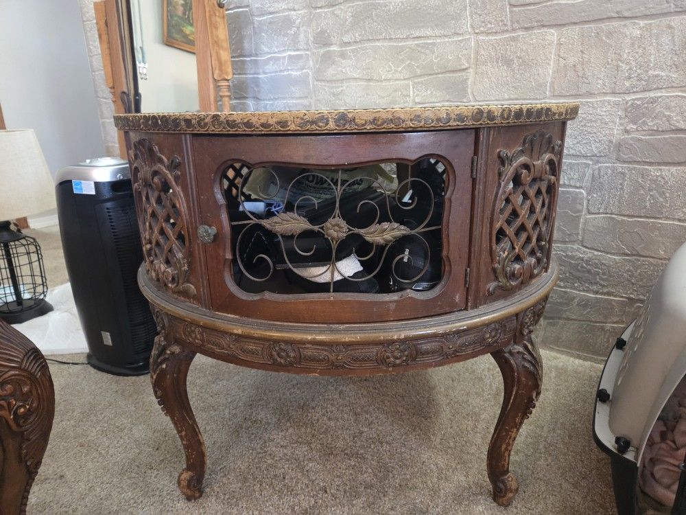 Antique French/English Tea Table. Gold Top With Glass