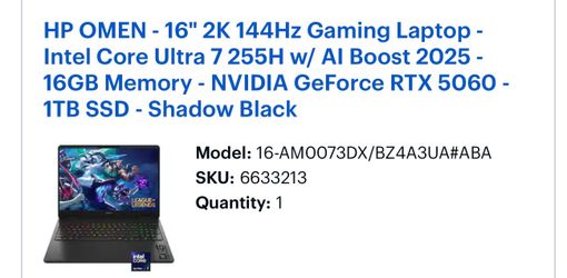 HP OMEN 16” 2K 144Hz Gaming Laptop (2025 Model) – RTX 5060 – Intel Core Ultra 7 – 1TB SSD DDR5