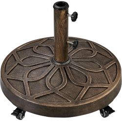 45lbs Heavy Duty Round Umbrella Base with 4 Lockable Rolling Wheels & 2 knobs, Outdoor Antiqued Umbrella Stand, 20” Market Patio Umbrella Base for Gar