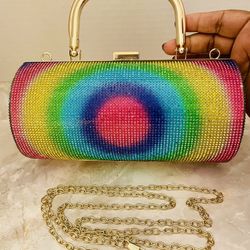Rhinestone Rainbow Bullseye Roll Bag Clutch With 46 Inch Attachable Gold Chain 