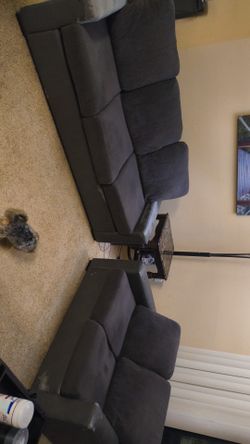 Gray Fabric Sofa and Loveseat Set faux leather pealing off arms obo