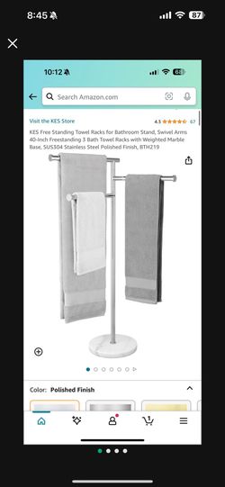 Brand New KES Free Standing Towel Racks for Bathroom Stand, Swivel Arms 40-Inch Freestanding 3 Bath Towel Racks with Weighted Marble Base, SUS304 Stai