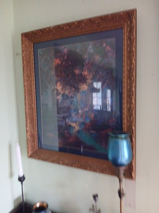 Maxfield Parish Vintage Framed Print Antique Vintahe House And Tree Mountain River Scene Blues Greens Pinks Purples Aprox 18 X 27 Size Ornate Gold