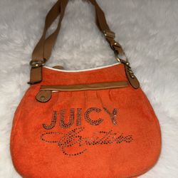 Y2K Juicy Couture Orange Velour Crossbody Bag with Rhinestone Logo