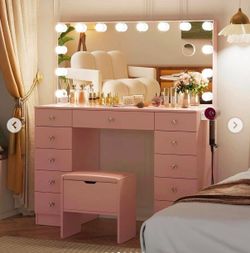 Pink Vanity Table Set with Lighted Hollywood Mirror, Charging Station & Hair Dryer Rack