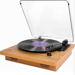 Record Player, Vintage Turntable 3-Speed Bluetooth Record Player with Speaker, Portable LP Vinyl Player, RCA Jack, Natural Wood