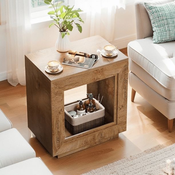 Jw0987 Tribesigns Rustic Wood End Tabl e, 2 Tiered Square Side Tabl e with Storage Shel f, Industrial
