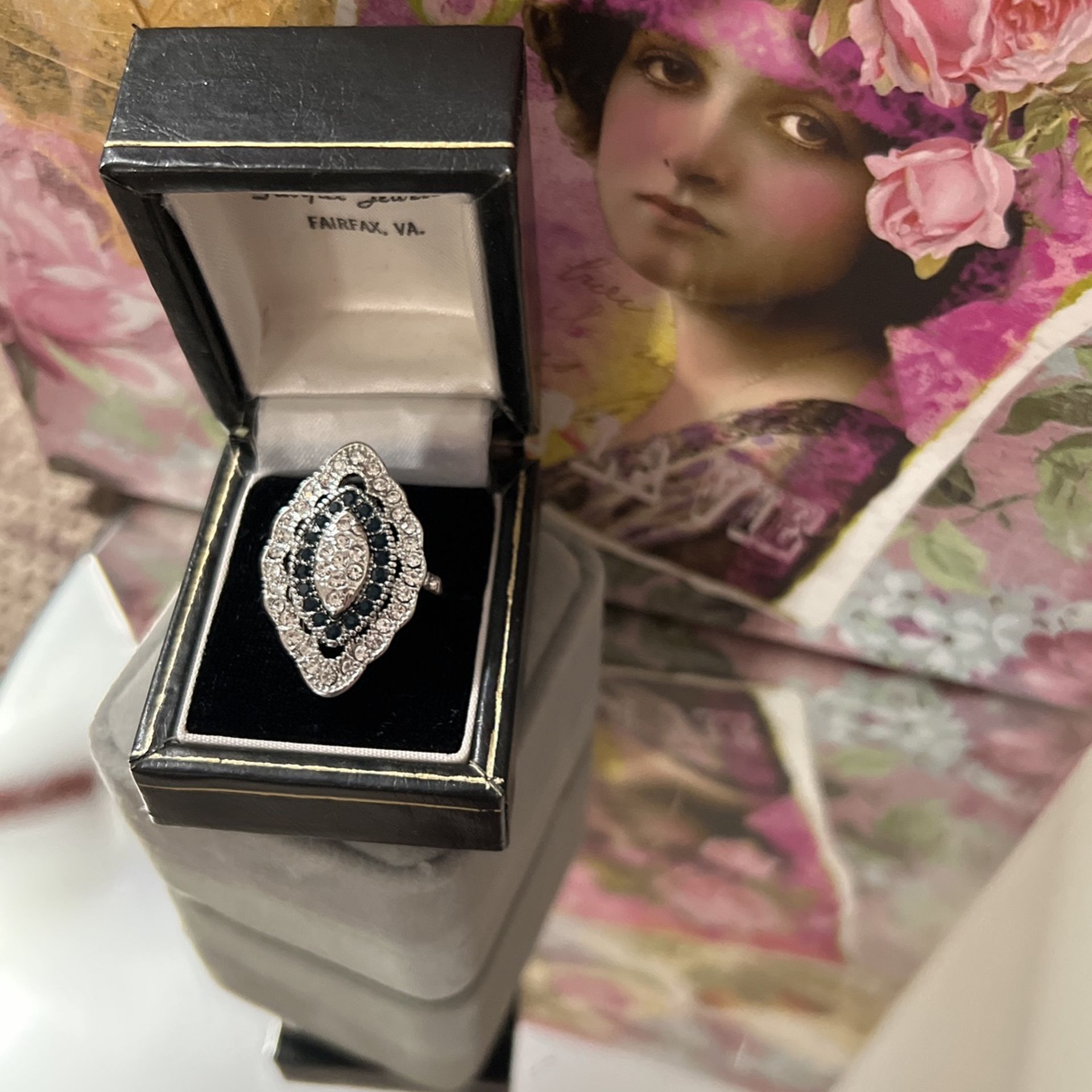 Most Gorgeous Victorian Sterling Silver Ring With Blue Sapphire Stones & Diamond White Sapphires 