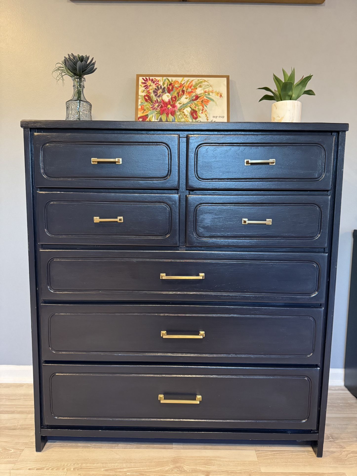 Modern Navy Blue Dresser – Solid Wood, Gold Handles
