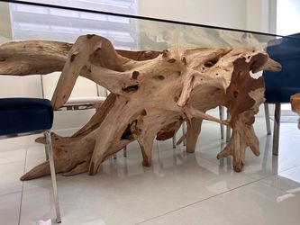 Teak Root Dining Table with Glass Top