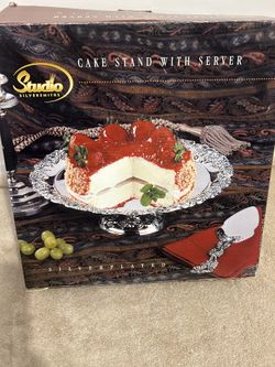 Silver plated Metal Cake Stand With Serving Piece, 12” A Little Discoloration On Side And On Back Shown In Picture