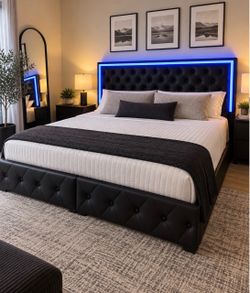 Queen Black Tufted LED Bed Frame w/ Storage Drawers – Modern