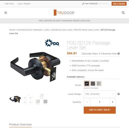 Brand New PDQ SD1260RL-622 Passage Lever Lock - Flat Black (Grade 2)
