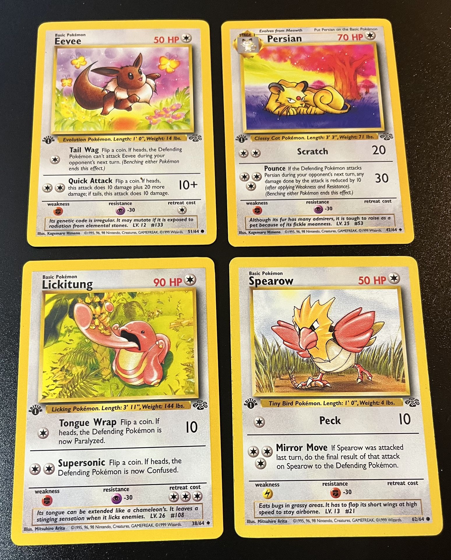 Pokemon Jungle Card Lot (4 Cards) 1st Edition Eevee #51 Persian#42 Lickitung #38 Spearow #62
