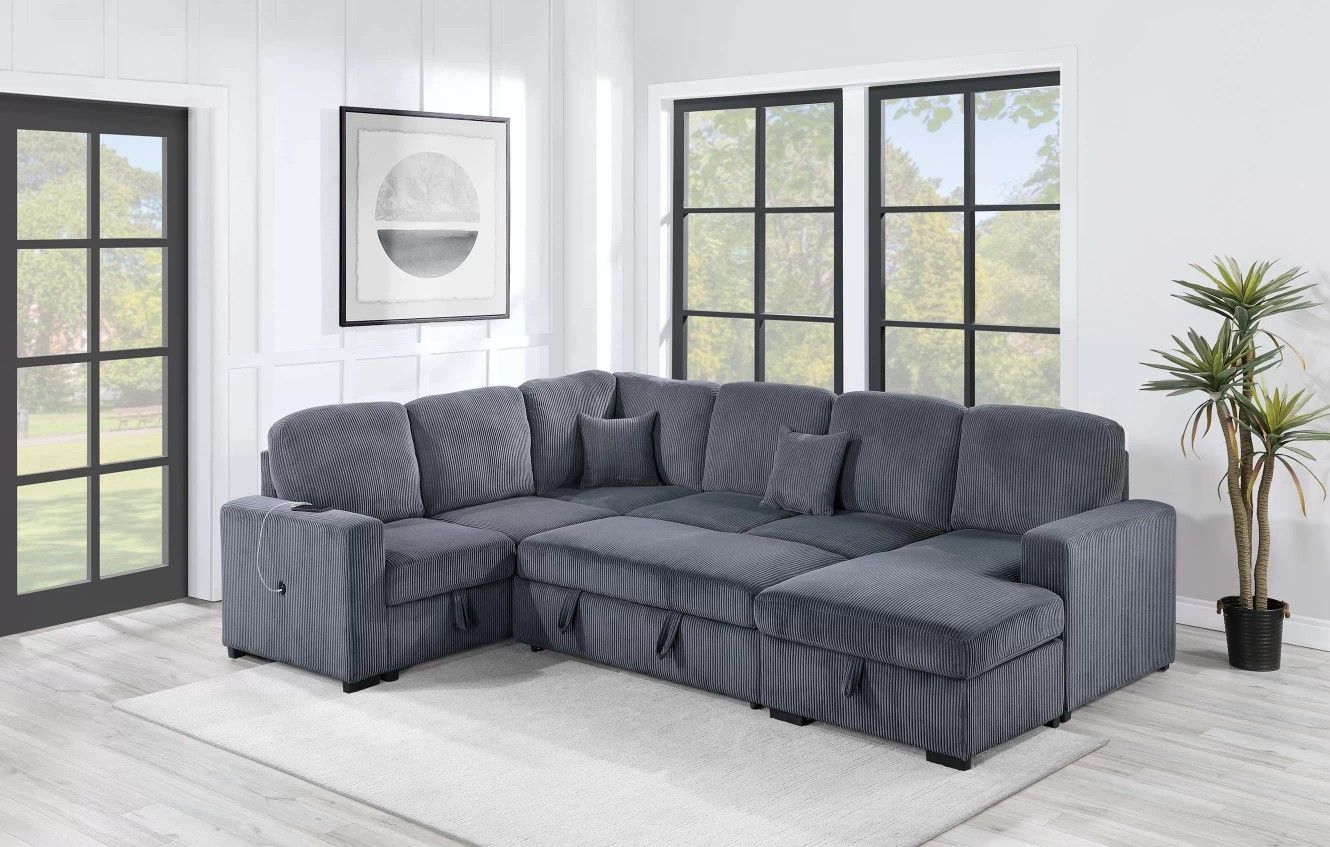 Brand New Grey Corduroy Sectional Sofa Storage Sleeper