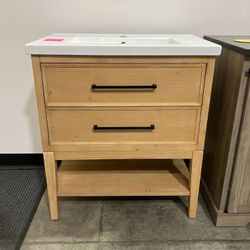30" Solid Wood Bathroom Vanity Cabinet with Ceramic Sink (Bottom Shelf Cracked)